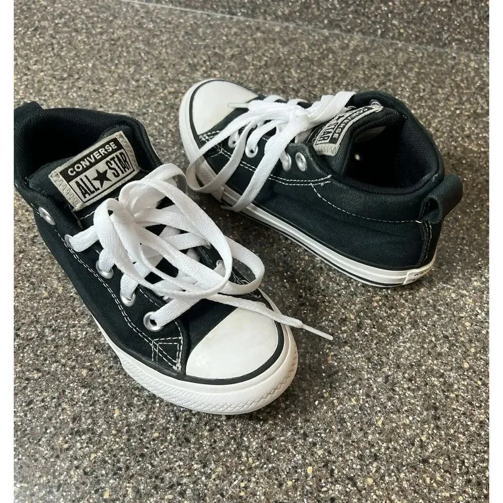 Converse All Star Kid Youth Sz 12 Black Canvas Sneaker Lace Up Mid Padded Tongue